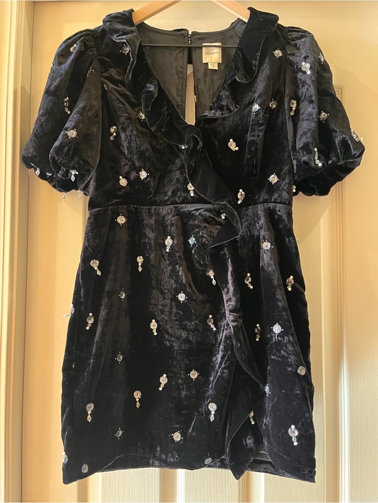 Maeve Dresses & Skirts - Anthropologie Maeve Black Luxe Velvet Dress Embellished Jewels Puff 8P Mini